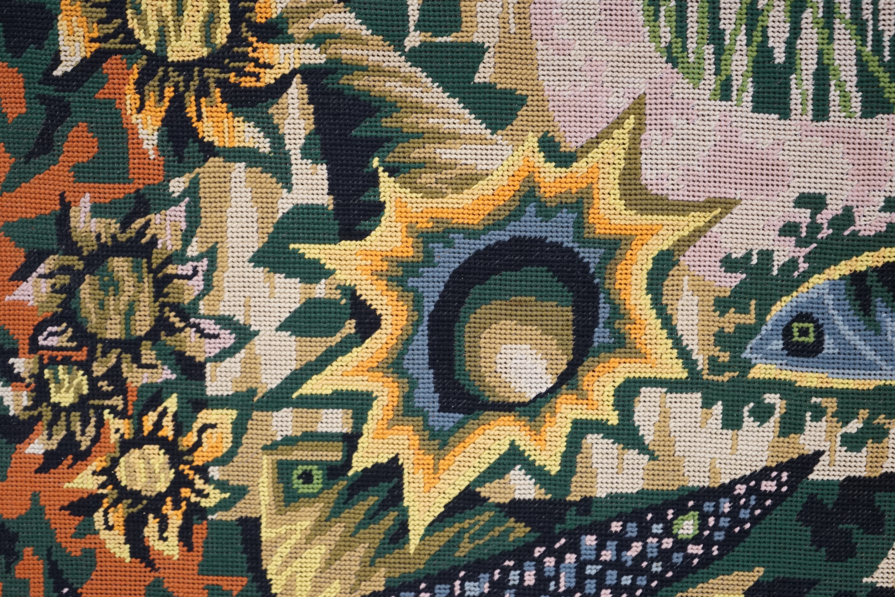 Attributed to Jean Picart Le Doux (1902-1982), 'Paysage avec tournesols et poissons' embroidered needlework tapestry, 48 x 108cm. Condition - good